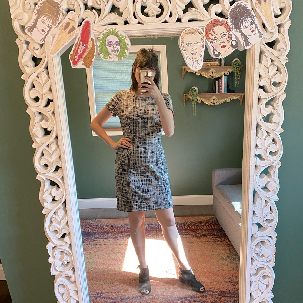 Sharagano Black and White Knee Length Dress